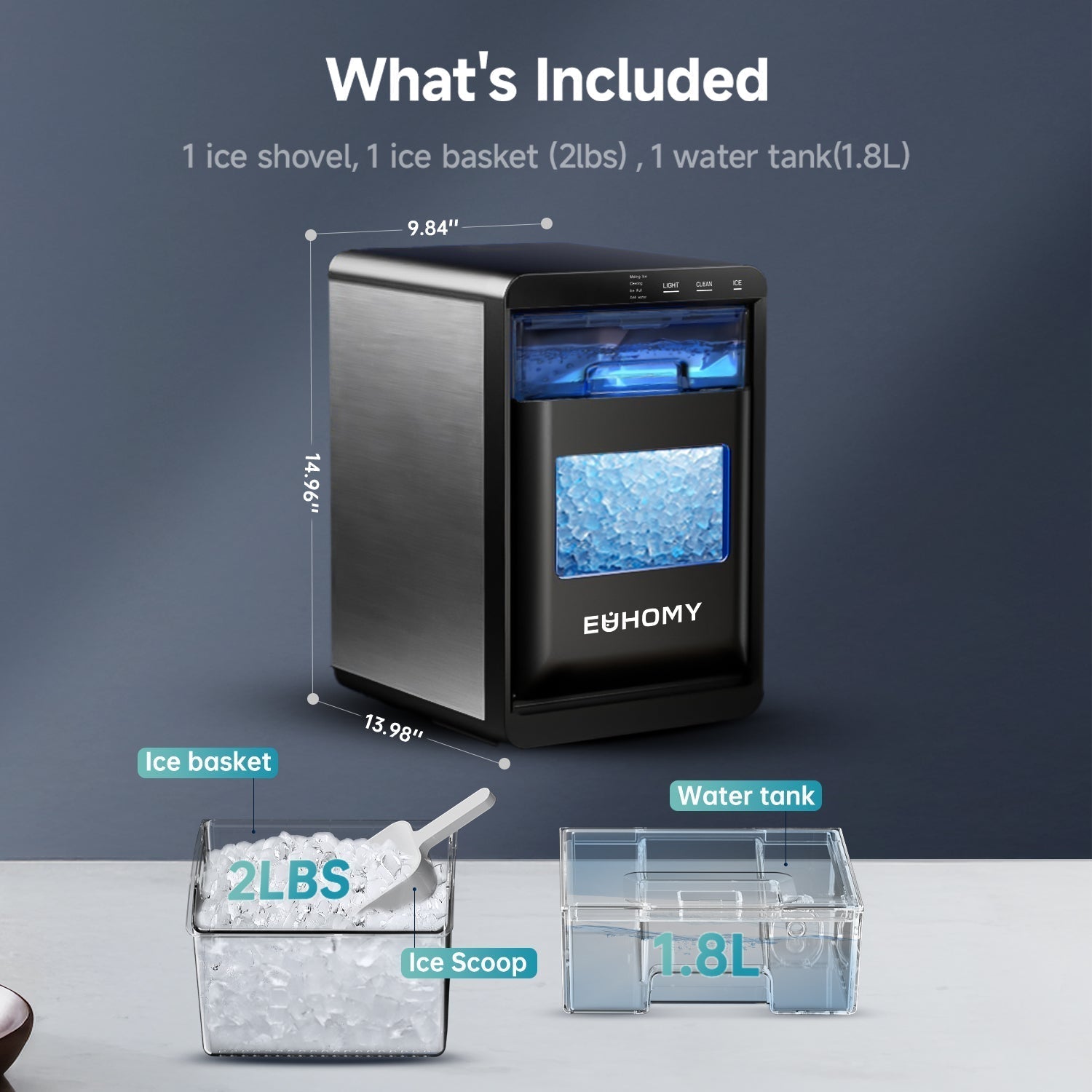 EUHOMY Nugget Ice Maker Countertop, 44Lbs/24H Pebble Ice Maker Machine Includes 2 Bottles of Cleaner - Euhomy